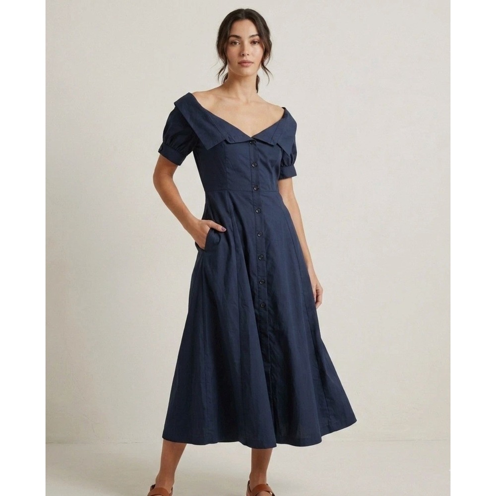 Pearl by Lela Rose Dress Womens 14 Blue Blue Portrait Collar Midi Minimal Chic